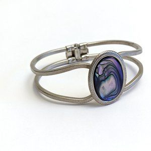 Abalone Shell Look Blue Oval Bracelet With Silver Tone Setting Easy Open Clasp